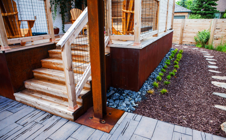 Corten Steel Deck Siding and Posts | B. Rocke Landscaping | Winnipeg, Manitoba